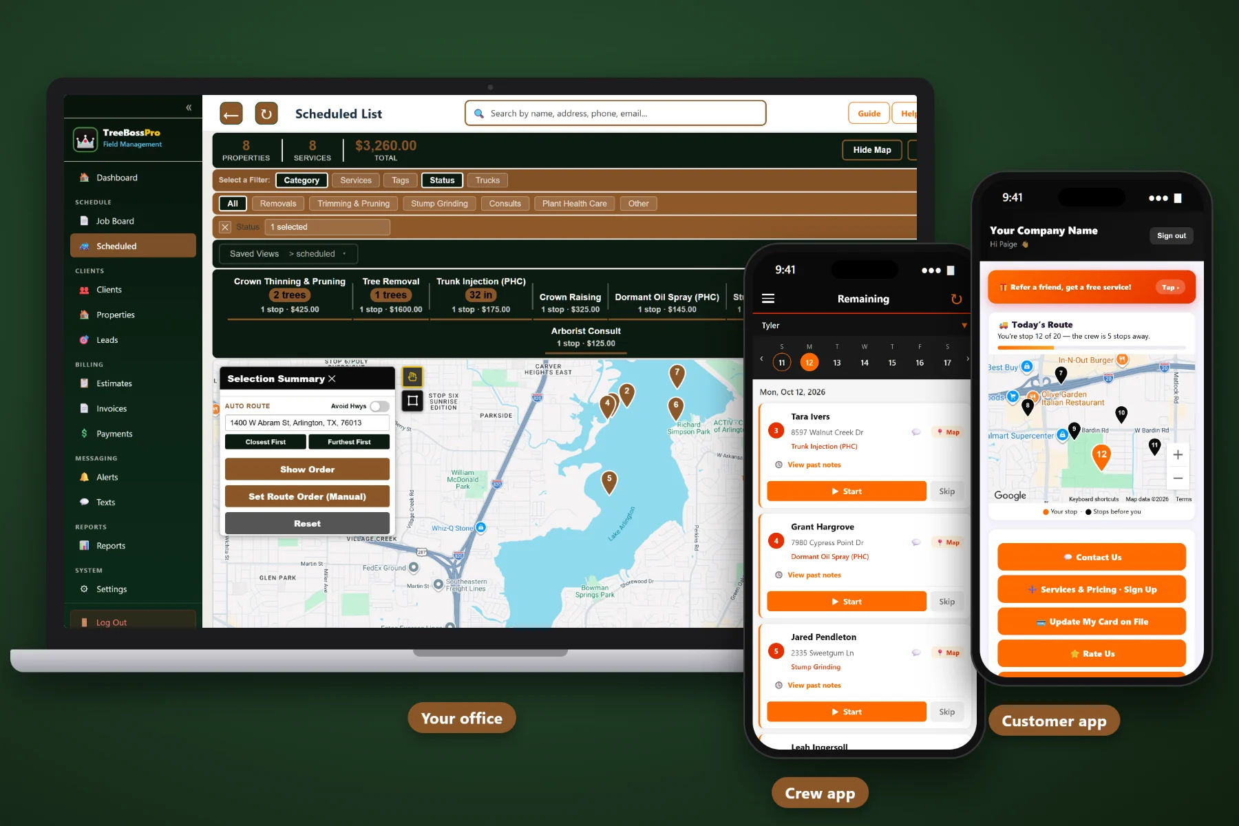 TreeBossPro on a laptop showing today's crew route, with the crew app and the customer app on two phones